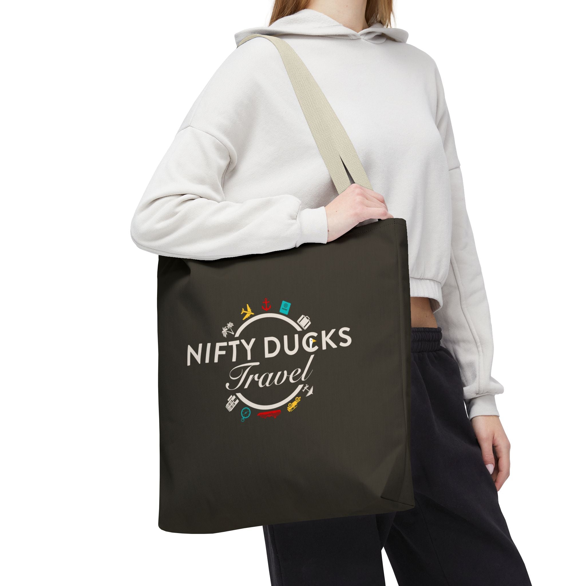 Nifty Ducks Travel Logo - Travel Tote Bag - Signature Brown Background - Beach & Weekend Carryall