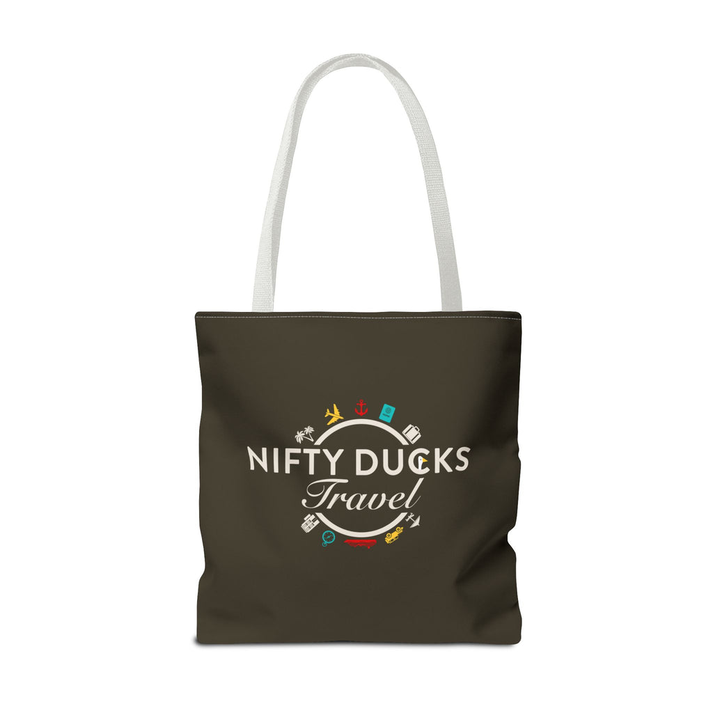 Nifty Ducks Travel Logo - Travel Tote Bag - Signature Brown Background - Beach & Weekend Carryall