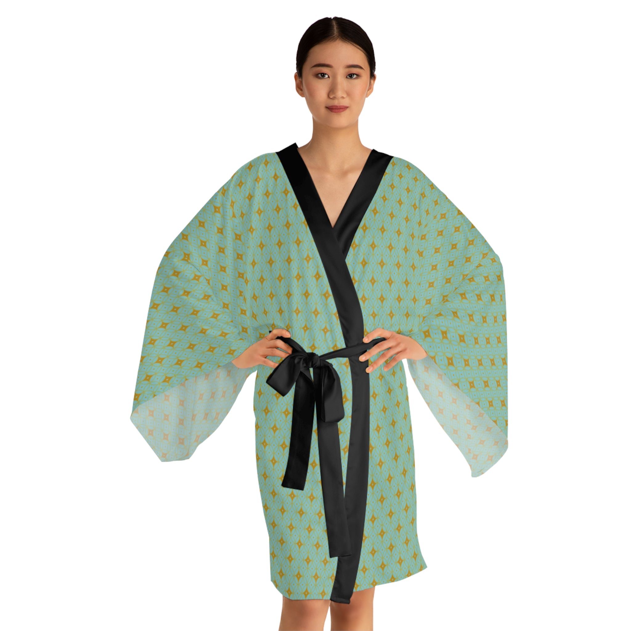 Virella - Long Sleeve Kimono Robe -Electric Blue - Gold - Chic Loungewear, Spa Outfit, Gift for Her, Inner Peace, Home Comfort