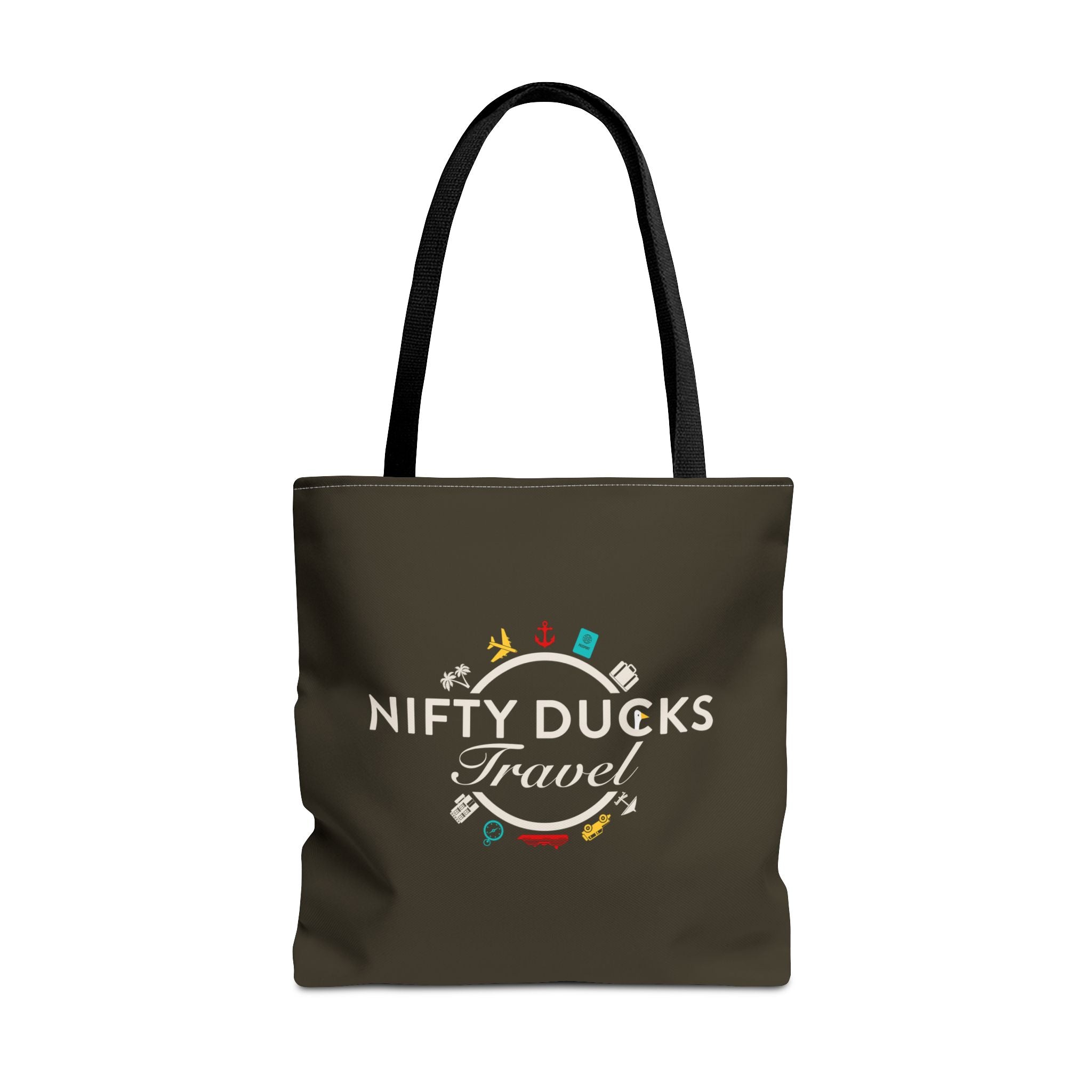 Nifty Ducks Travel Logo - Travel Tote Bag - Signature Brown Background - Beach & Weekend Carryall