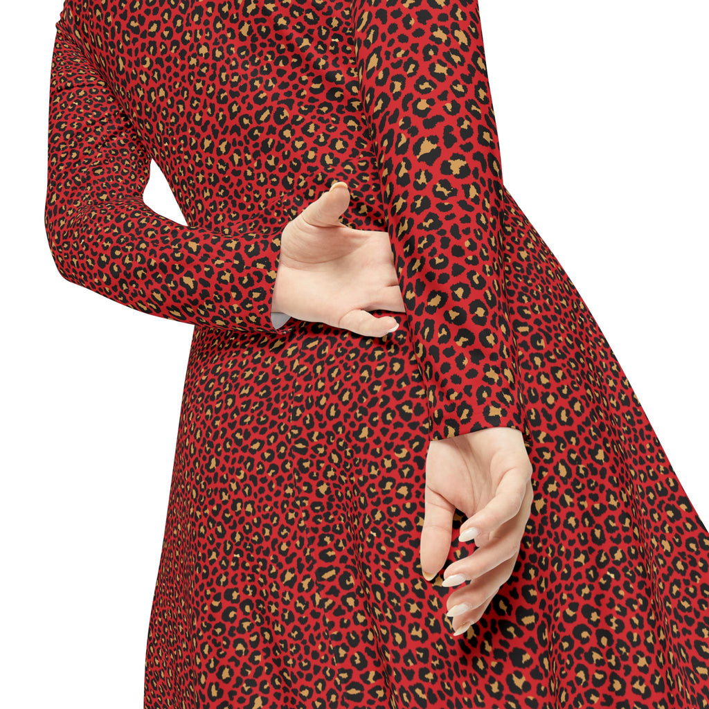 Spicy Kitty - Scarlet - Leopard Print - Elegant Women's Long Sleeve Dance Dress