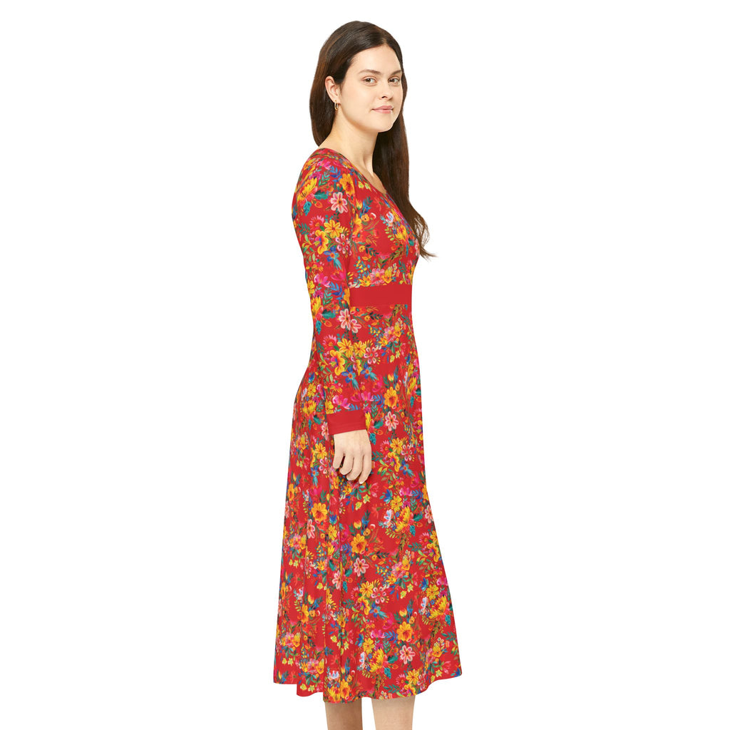 Elegant Women's Long Sleeve Dance Dress - Bright Bold Watercolors Flowers - Scarlet