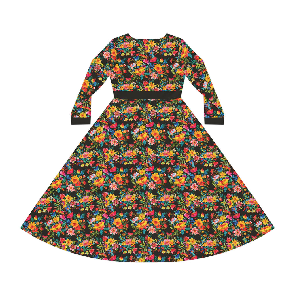 Elegant Women's Long Sleeve Dance Dress - Bright Bold Watercolors Flowers - Signature Brown