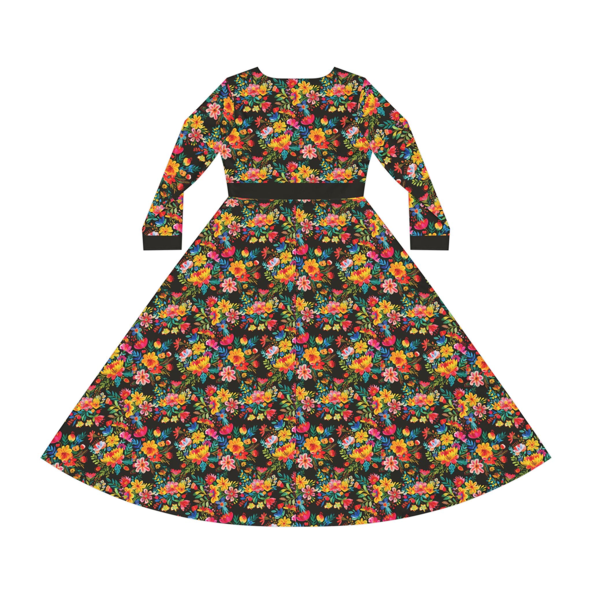 Elegant Women's Long Sleeve Dance Dress - Bright Bold Watercolors Flowers - Signature Brown