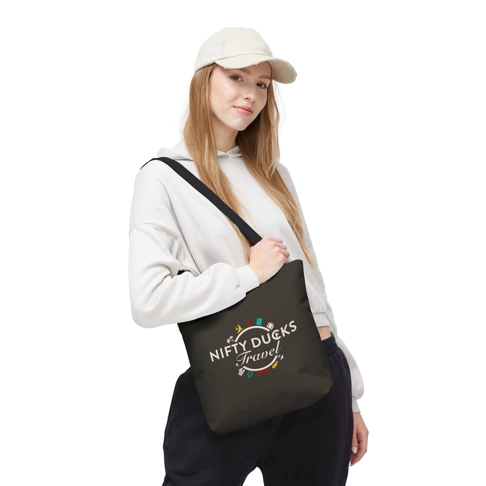 Nifty Ducks Travel Logo - Travel Tote Bag - Signature Brown Background - Beach & Weekend Carryall