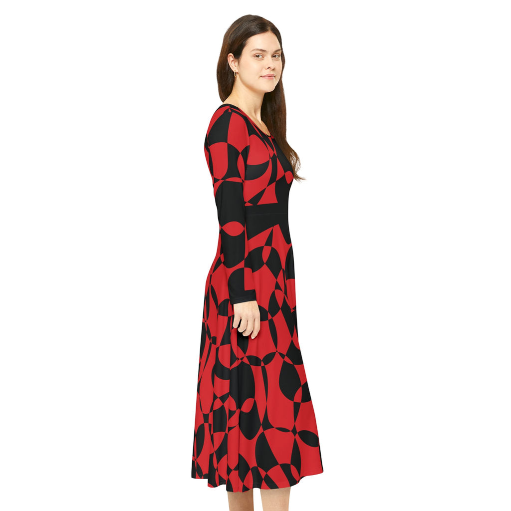 Elegant Women's Long Sleeve Dance Dress - Scarlet Synphony & Black Geometric Pattern