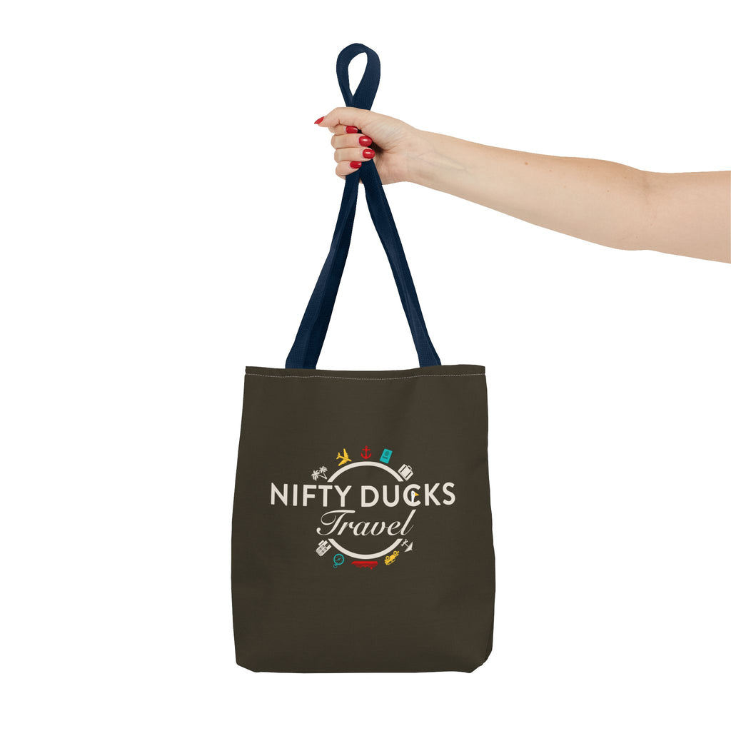 Nifty Ducks Travel Logo - Travel Tote Bag - Signature Brown Background - Beach & Weekend Carryall