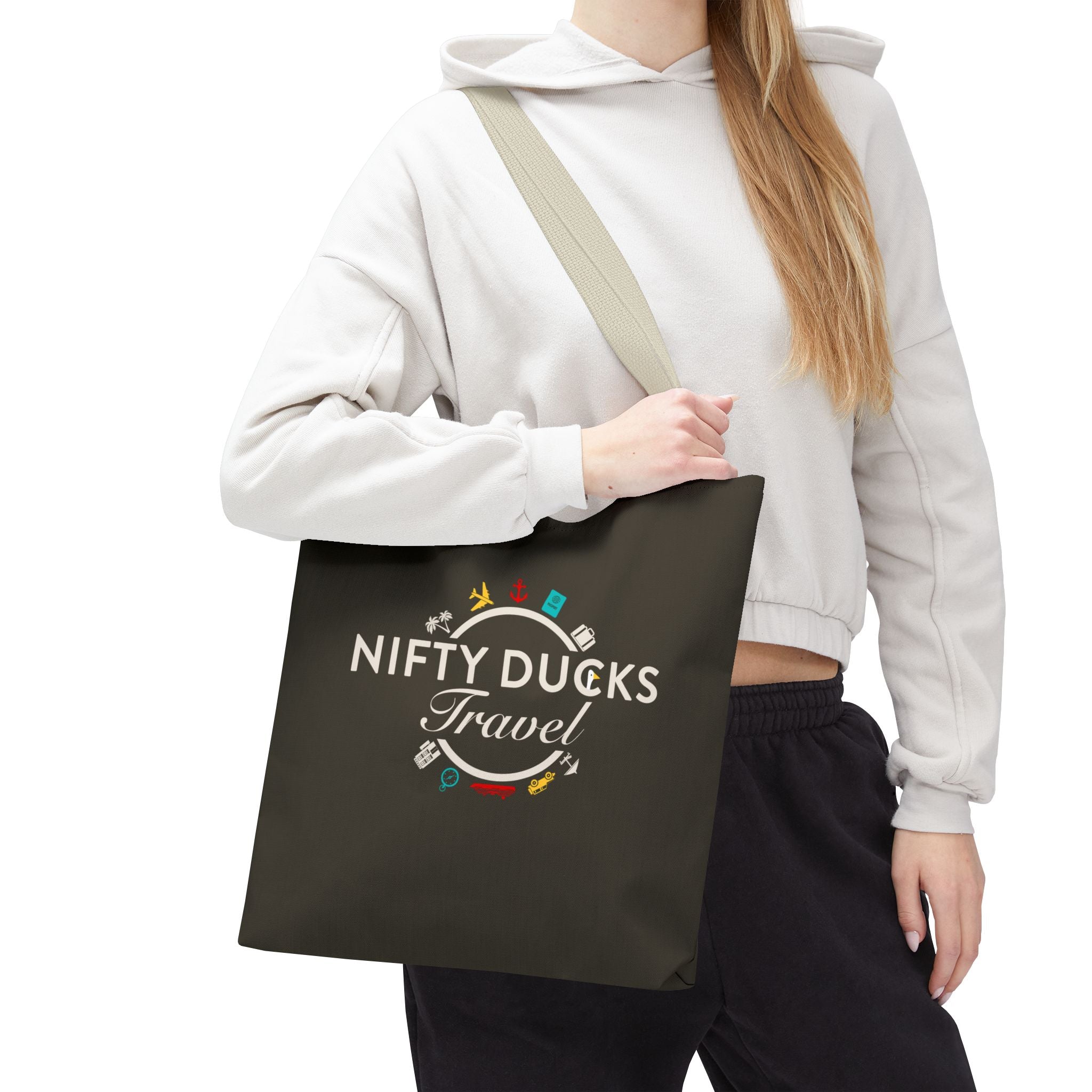 Nifty Ducks Travel Logo - Travel Tote Bag - Signature Brown Background - Beach & Weekend Carryall