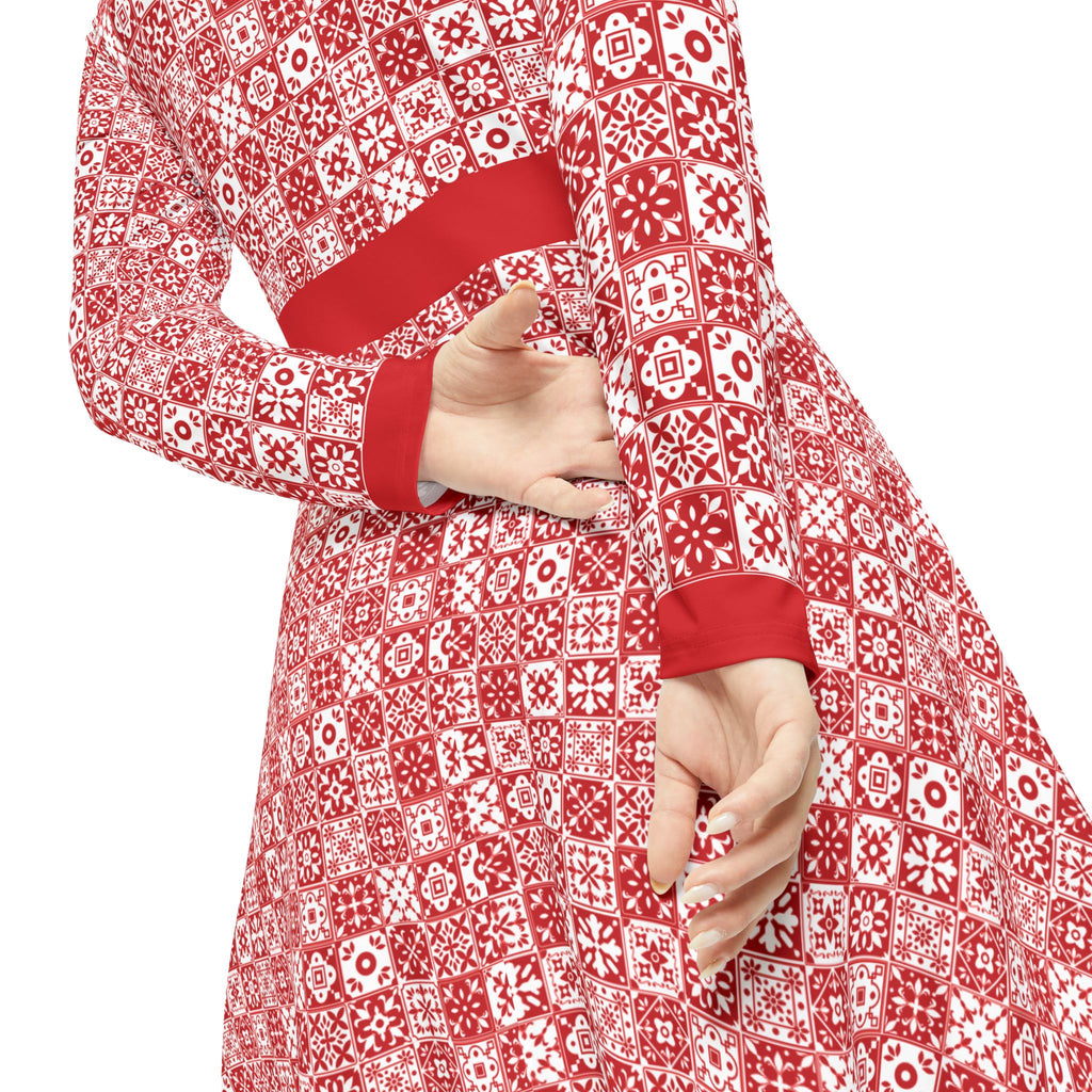Elegant Women's Long Sleeve Dance Dress - Mediterraneo Mosaic - Red