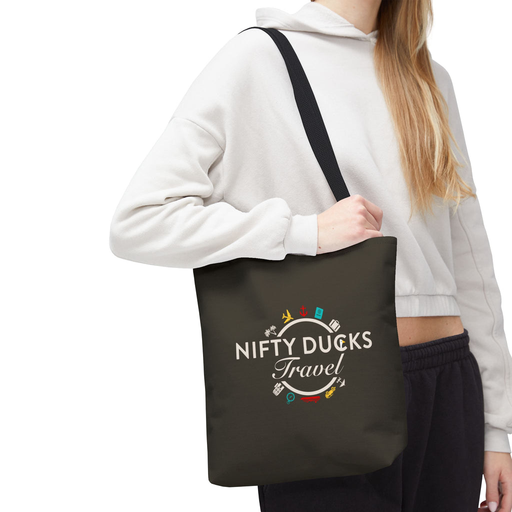 Nifty Ducks Travel Logo - Travel Tote Bag - Signature Brown Background - Beach & Weekend Carryall