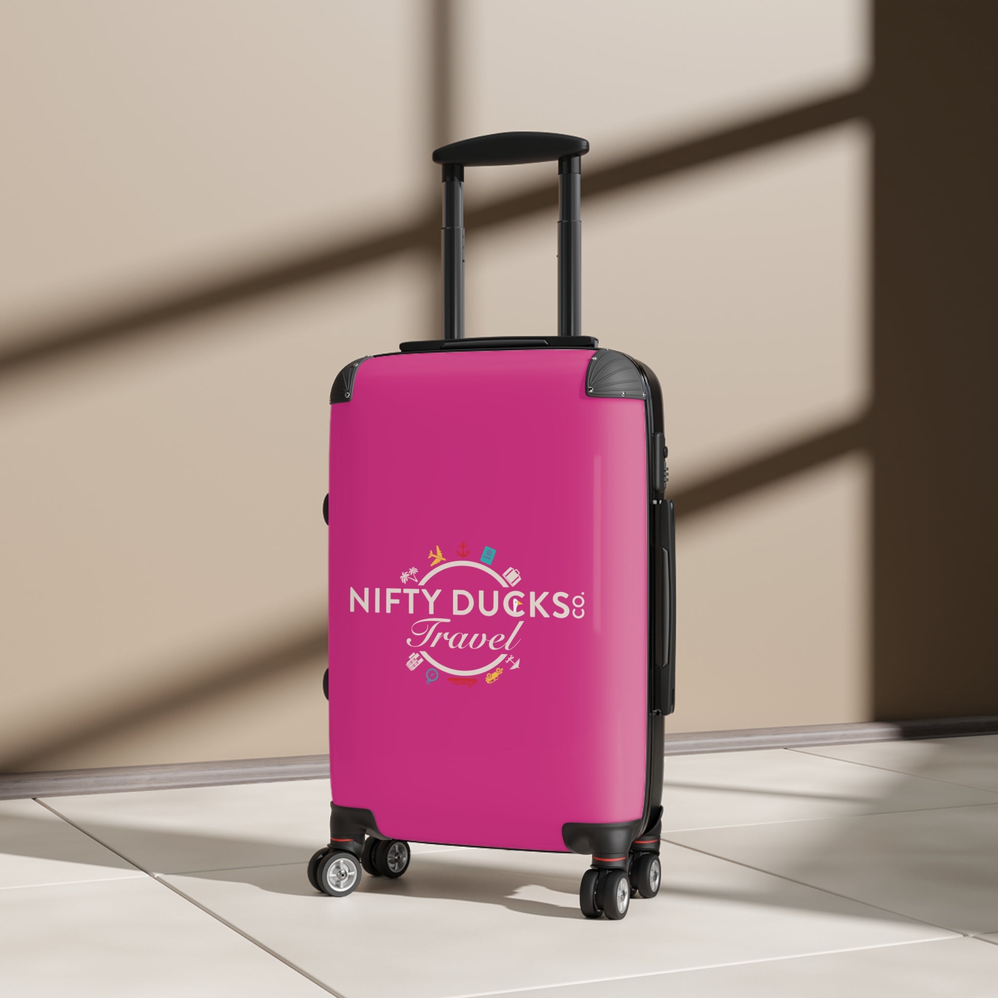 Nifty Ducks Travel Logo Suitcase - Stylish Luggage for Adventurers - Barbie Pink