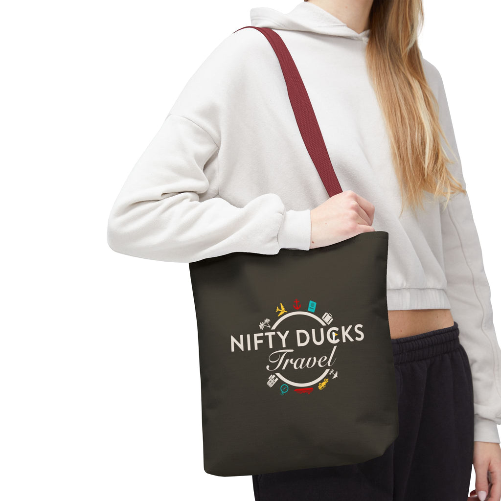Nifty Ducks Travel Logo - Travel Tote Bag - Signature Brown Background - Beach & Weekend Carryall