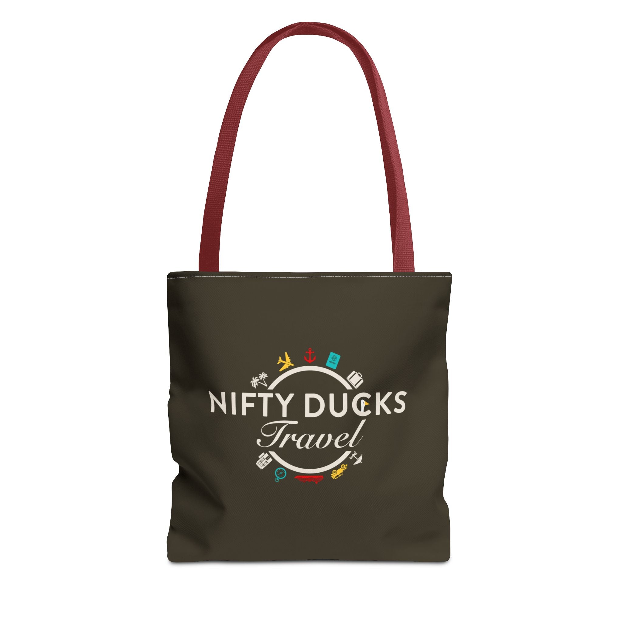 Nifty Ducks Travel Logo - Travel Tote Bag - Signature Brown Background - Beach & Weekend Carryall