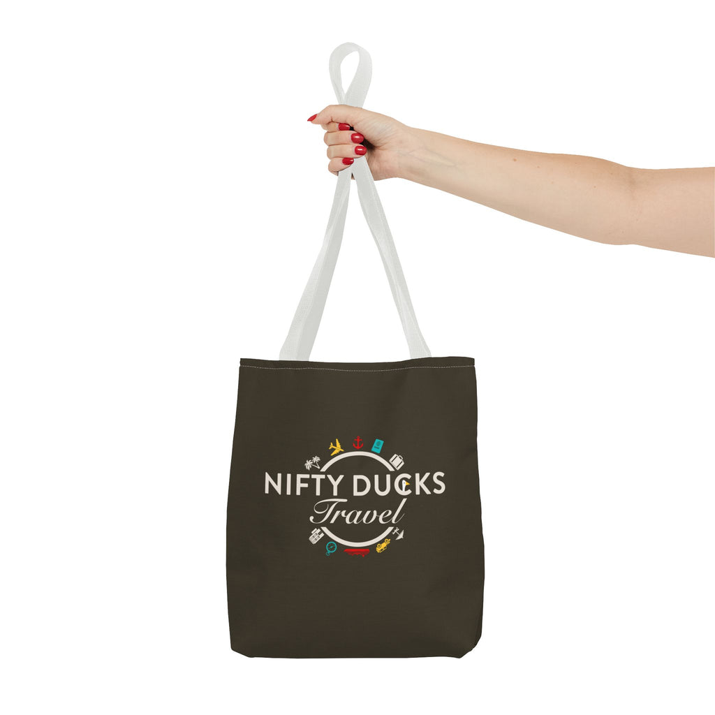 Nifty Ducks Travel Logo - Travel Tote Bag - Signature Brown Background - Beach & Weekend Carryall