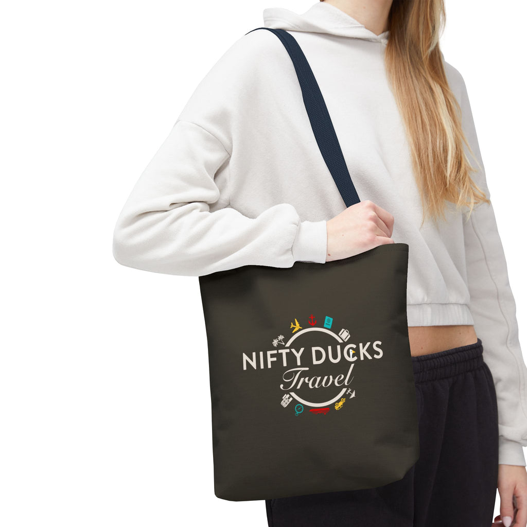 Nifty Ducks Travel Logo - Travel Tote Bag - Signature Brown Background - Beach & Weekend Carryall