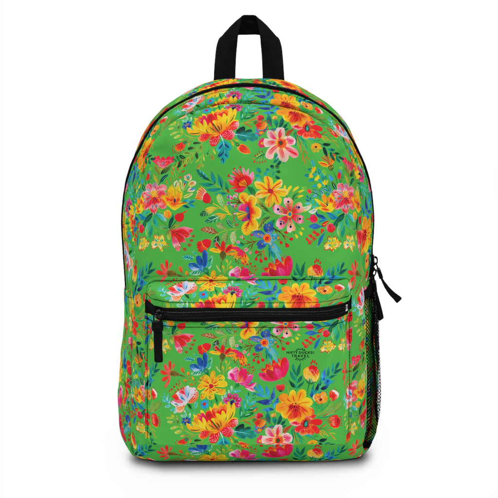 Bright Watercolor Flowers Backpack - Travel Bag with Black Duck Design - Lime Green