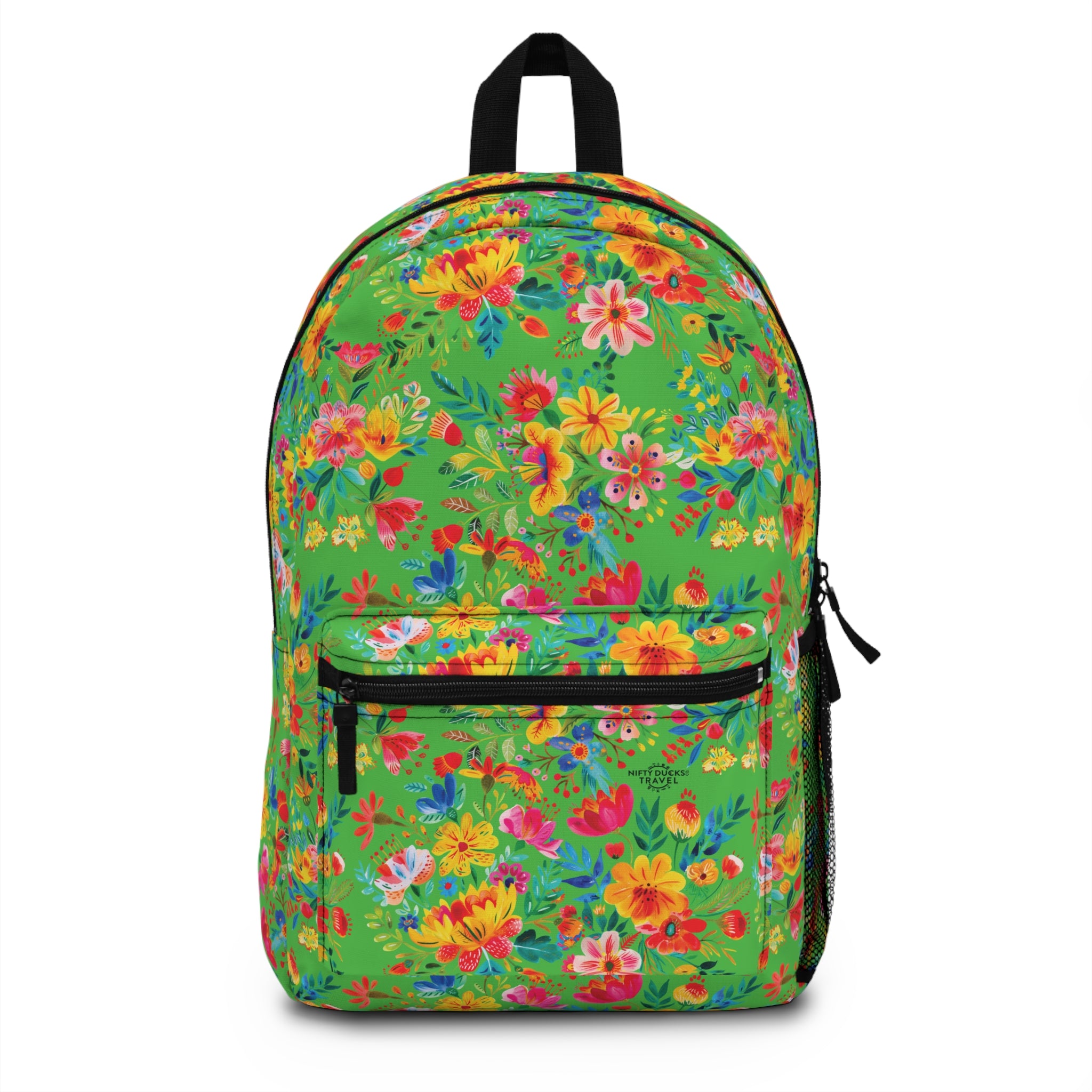 Bright Watercolor Flowers Backpack - Travel Bag with Black Duck Design - Lime Green