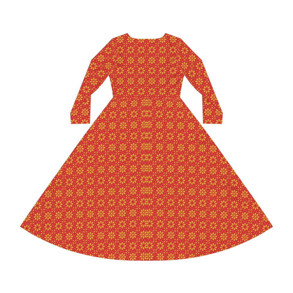 Florina - Scarlet - Gold - Elegant Women's Long Sleeve Dance Dress - Cocktail Time