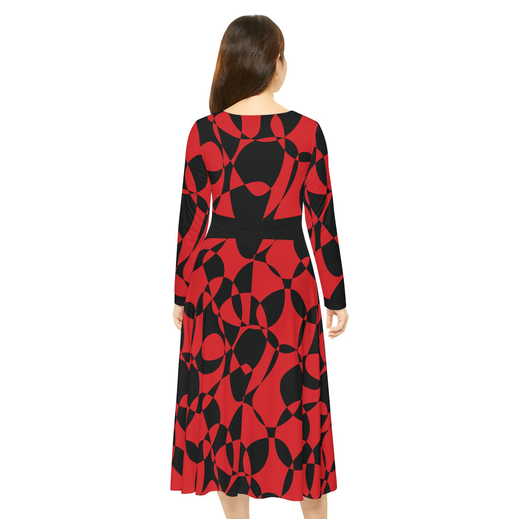 Elegant Women's Long Sleeve Dance Dress - Scarlet Synphony & Black Geometric Pattern