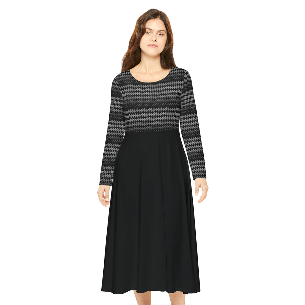 Woman wearing a black and gray patterned dress on a white background