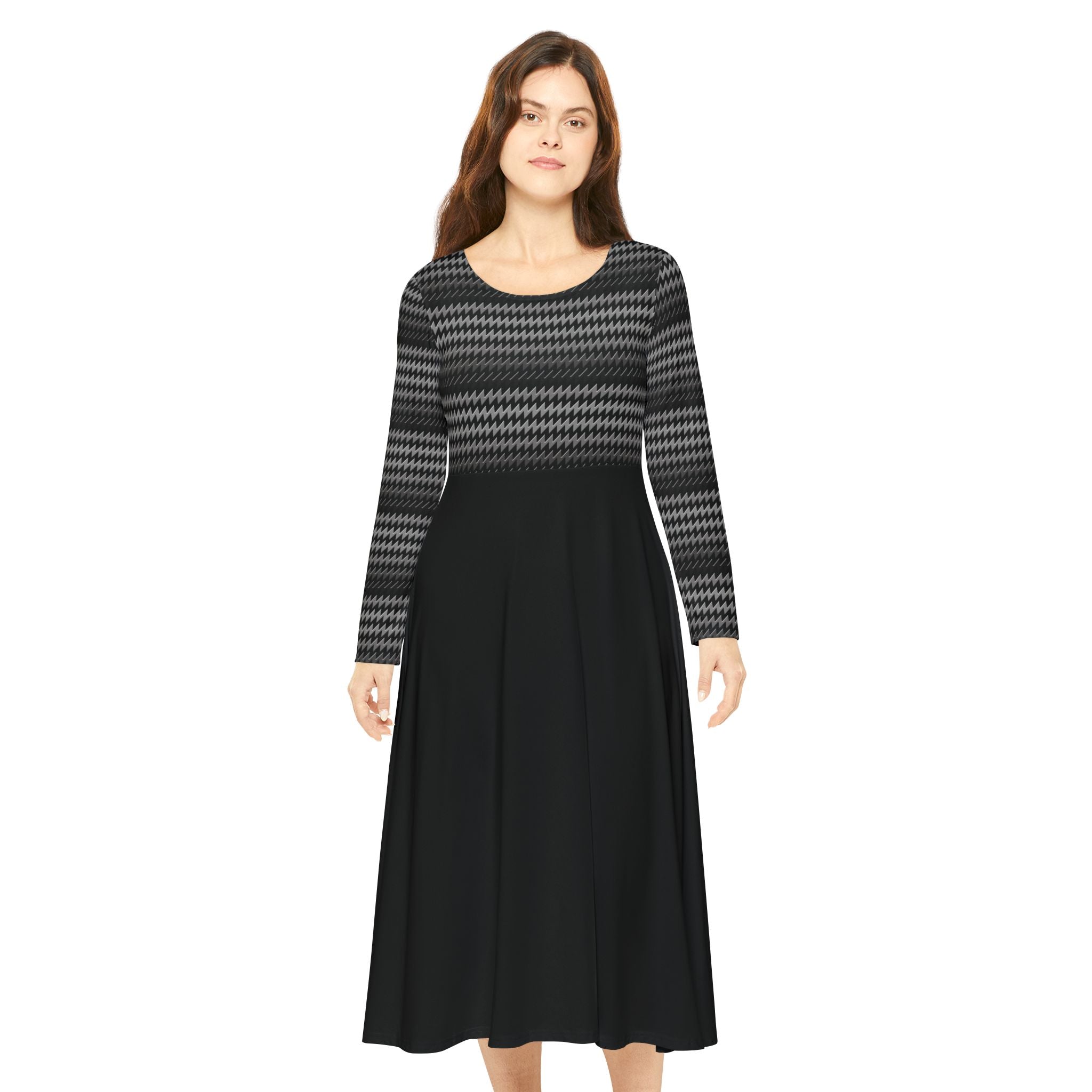 Woman wearing a black and gray patterned dress on a white background