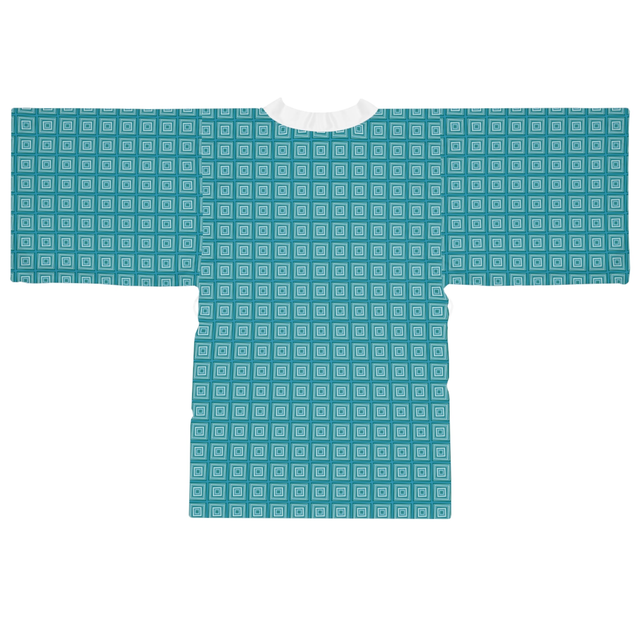 Monochromatic Squares - Teal - Long Sleeve Kimono Robe - Chic Loungewear, Spa Outfit, Gift for Her, Inner Peace, Home Comfort