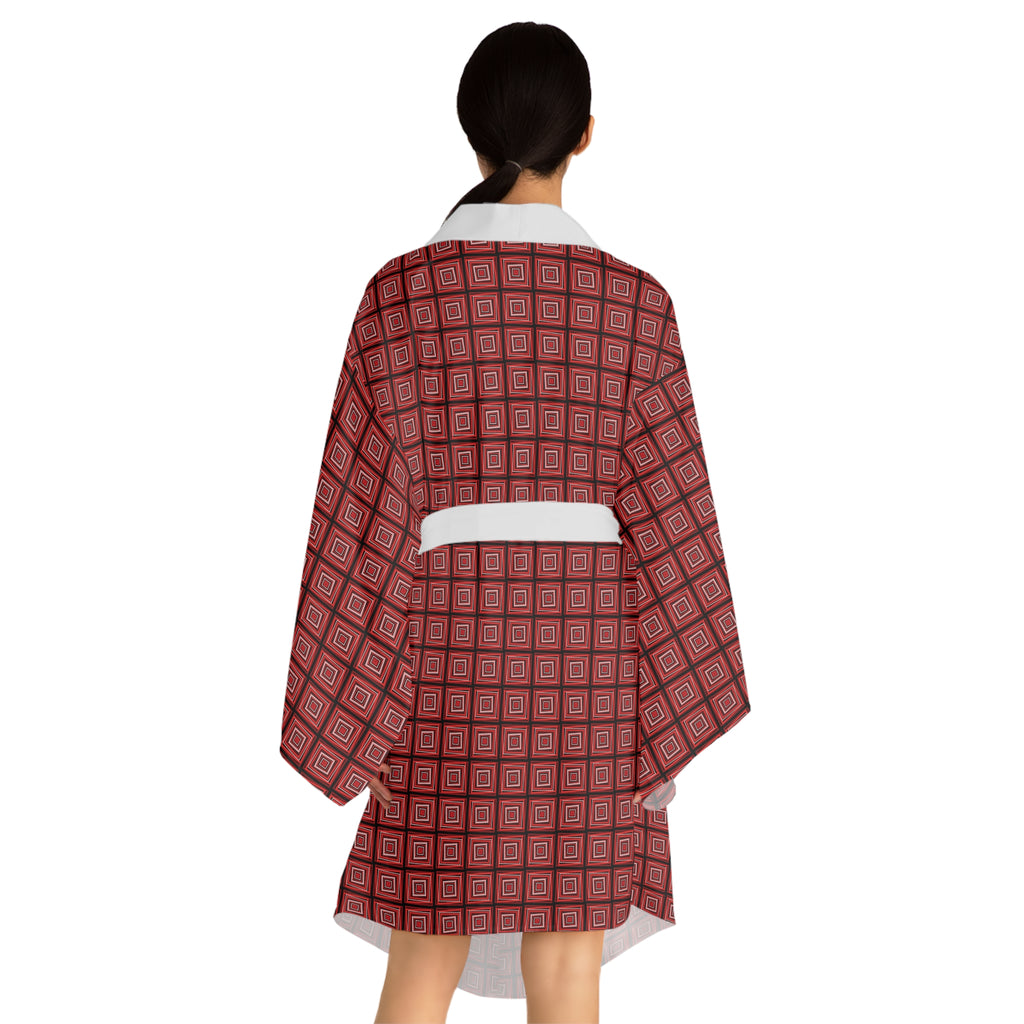 Monochromatic Squares - Red - Long Sleeve Kimono Robe - Chic Loungewear, Spa Outfit, Gift for Her, Inner Peace, Home Comfort