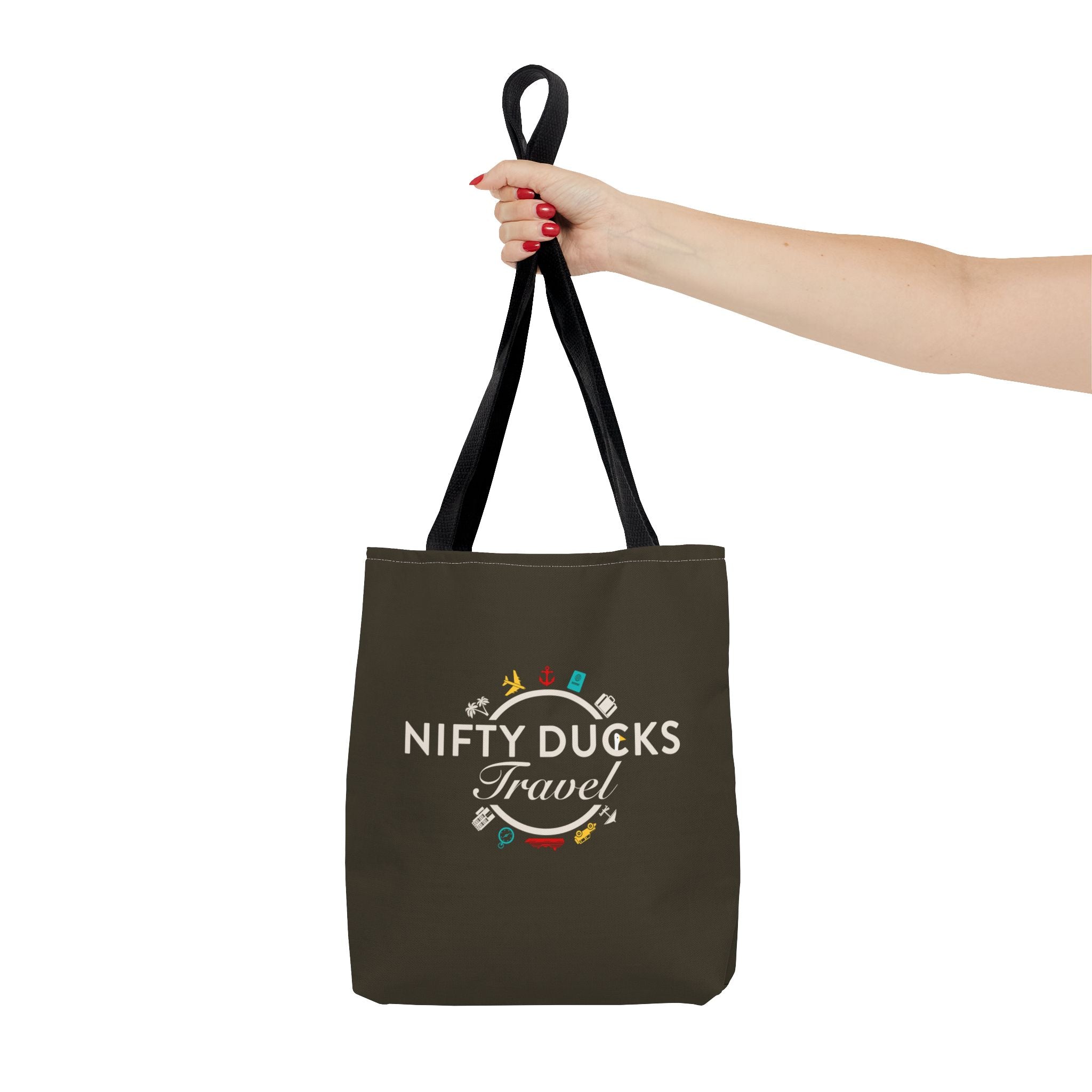 Nifty Ducks Travel Logo - Travel Tote Bag - Signature Brown Background - Beach & Weekend Carryall