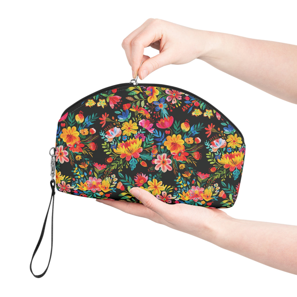 Bright Watercolor Flowers Makeup Bag - Fun & Functional Travel Accessory - Black