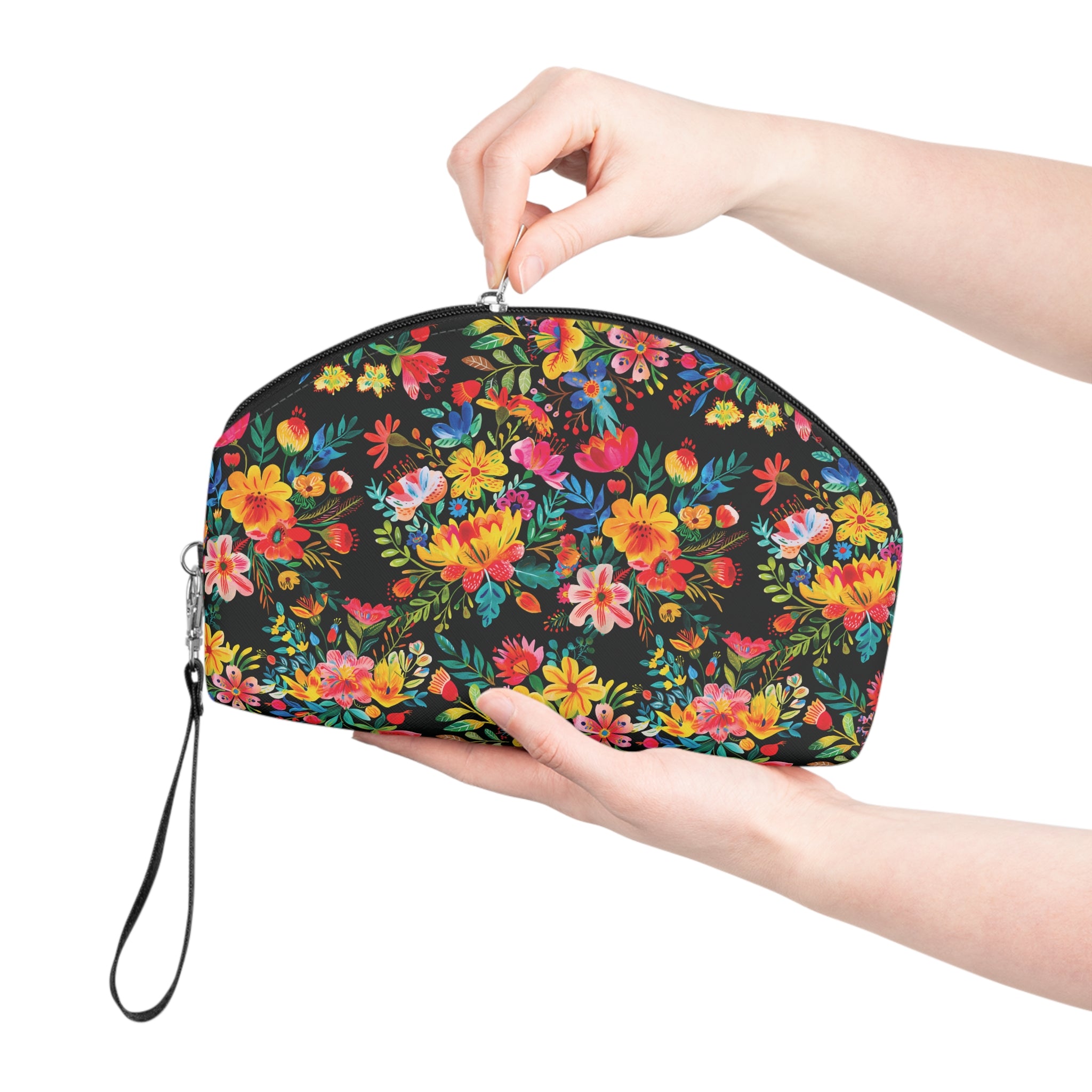 Bright Watercolor Flowers Makeup Bag - Fun & Functional Travel Accessory - Black