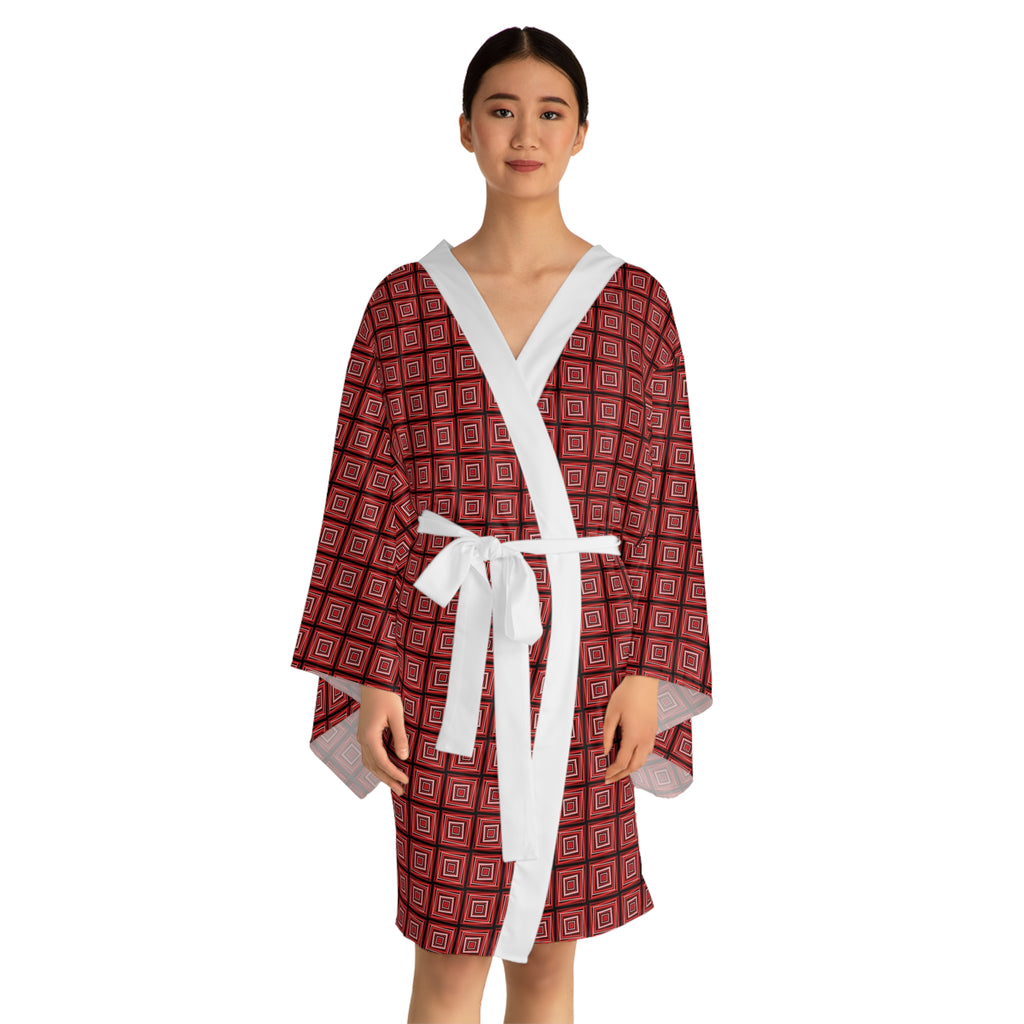 Monochromatic Squares - Red - Long Sleeve Kimono Robe - Chic Loungewear, Spa Outfit, Gift for Her, Inner Peace, Home Comfort