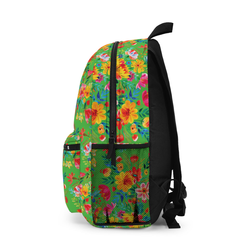 Bright Watercolor Flowers Backpack - Travel Bag with Black Duck Design - Lime Green