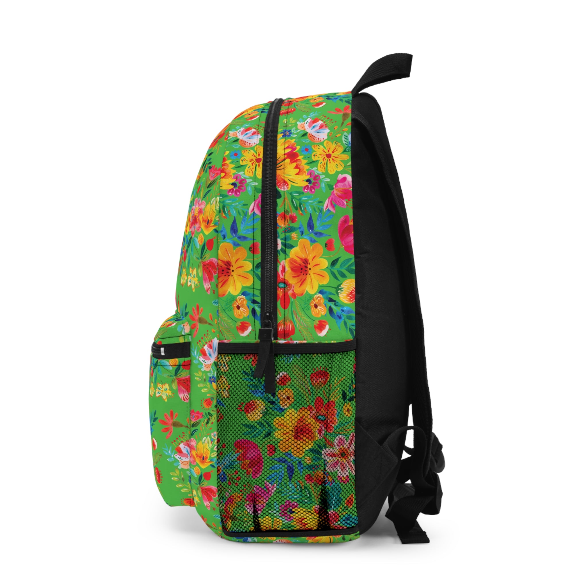 Bright Watercolor Flowers Backpack - Travel Bag with Black Duck Design - Lime Green