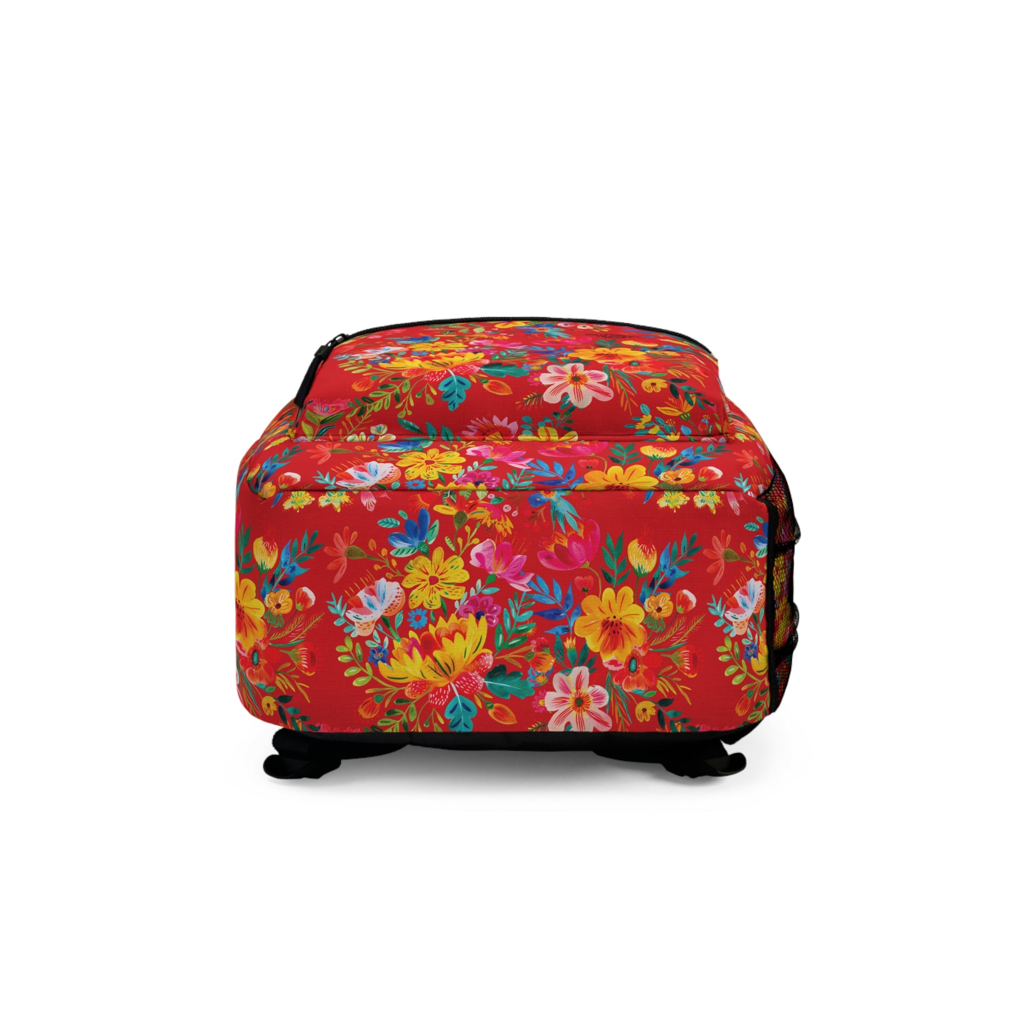 Bright Watercolor Flowers Backpack - Travel Bag with Black Duck Design - Scarlet