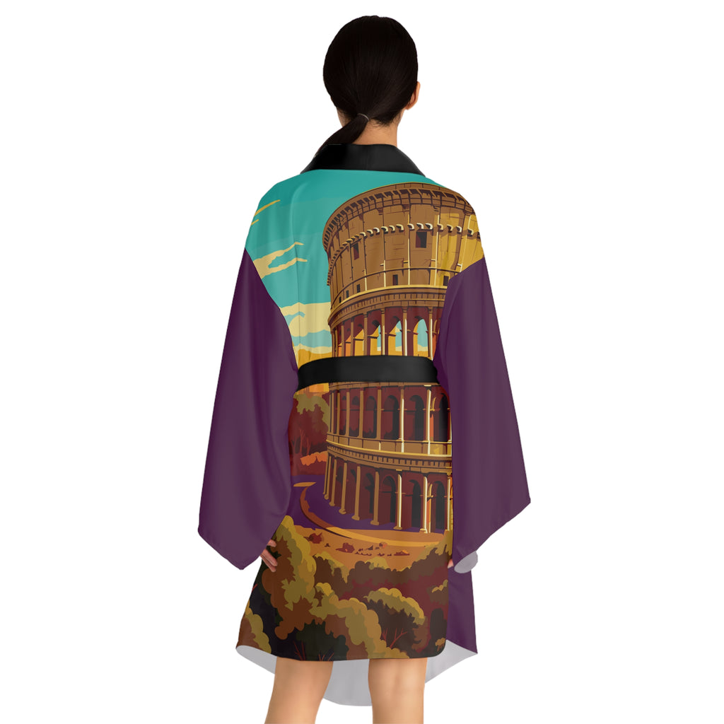 Cities and Landmarks - Colosseum - Rome - Long Sleeve Kimono Robe - Chic Loungewear, Spa Outfit, Gift for Her, Inner Peace, Home Comfort