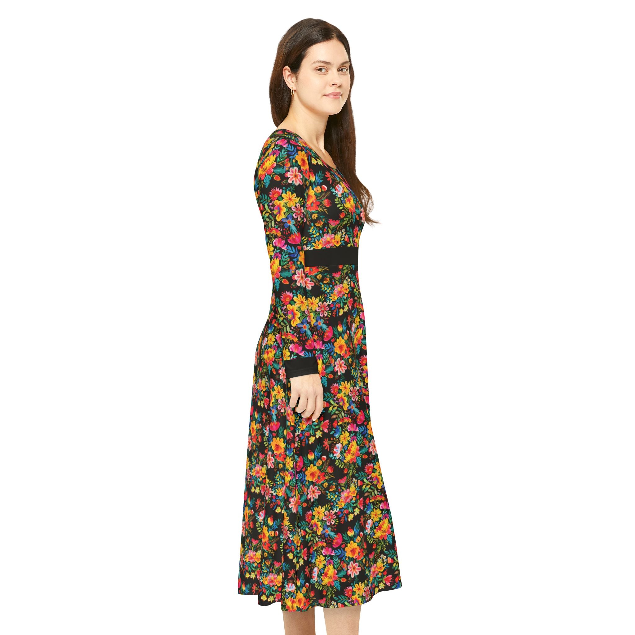 Elegant Women's Long Sleeve Dance Dress - Bright Bold Watercolors Flowers - Signature Brown