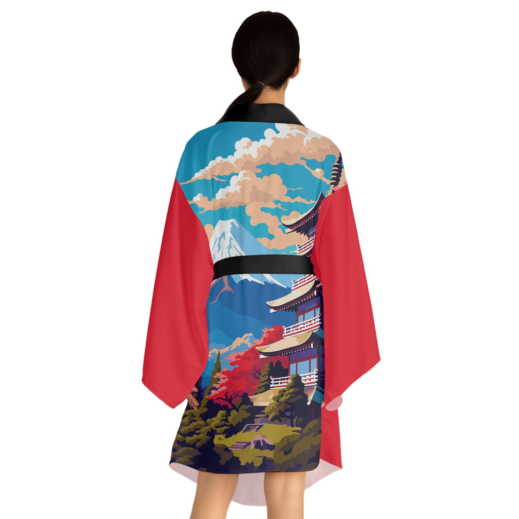 Cities and Landmarks - Mount Fuji - Japan - Long Sleeve Kimono Robe - Chic Loungewear, Spa Outfit, Gift for Her, Inner Peace, Home Comfort