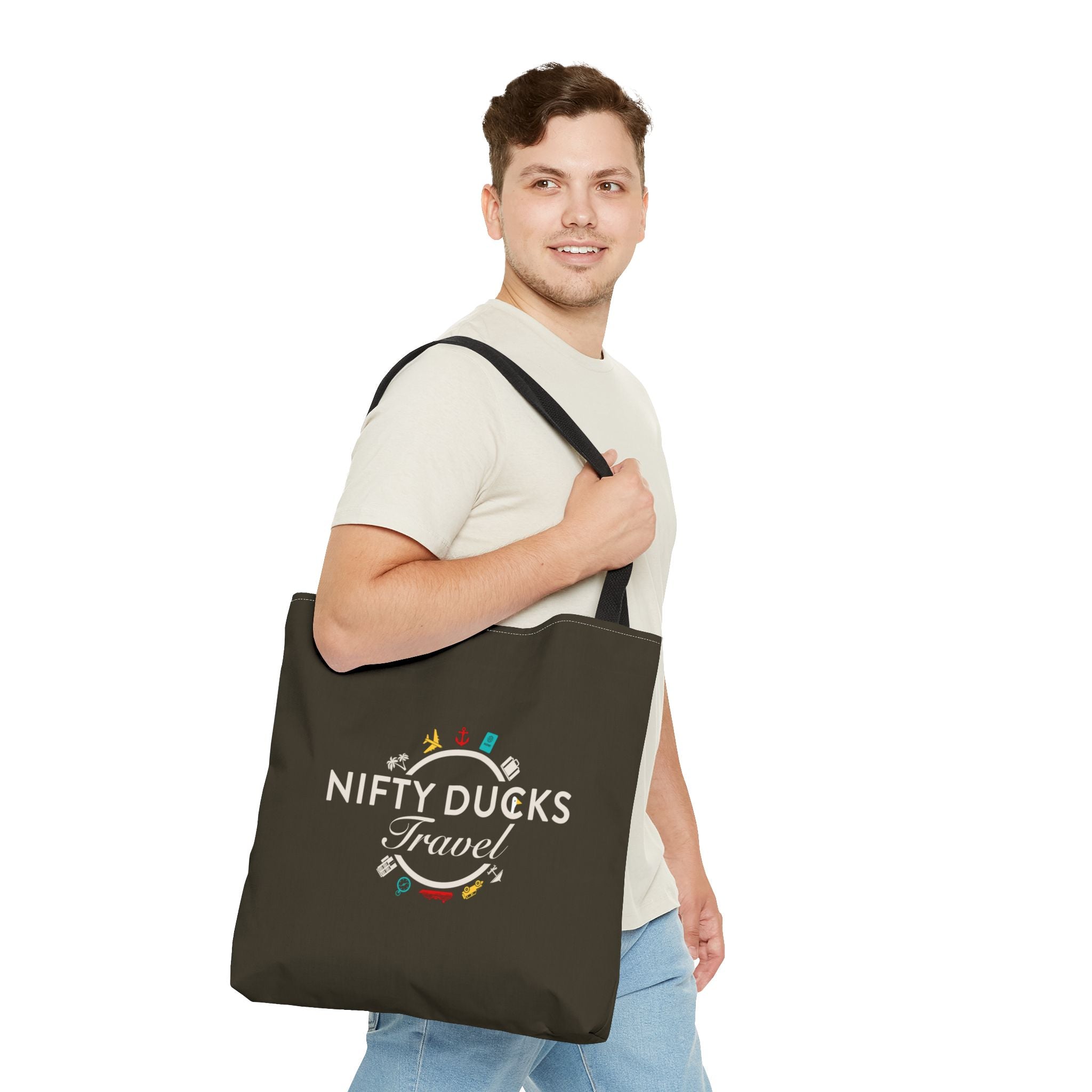 Nifty Ducks Travel Logo - Travel Tote Bag - Signature Brown Background - Beach & Weekend Carryall