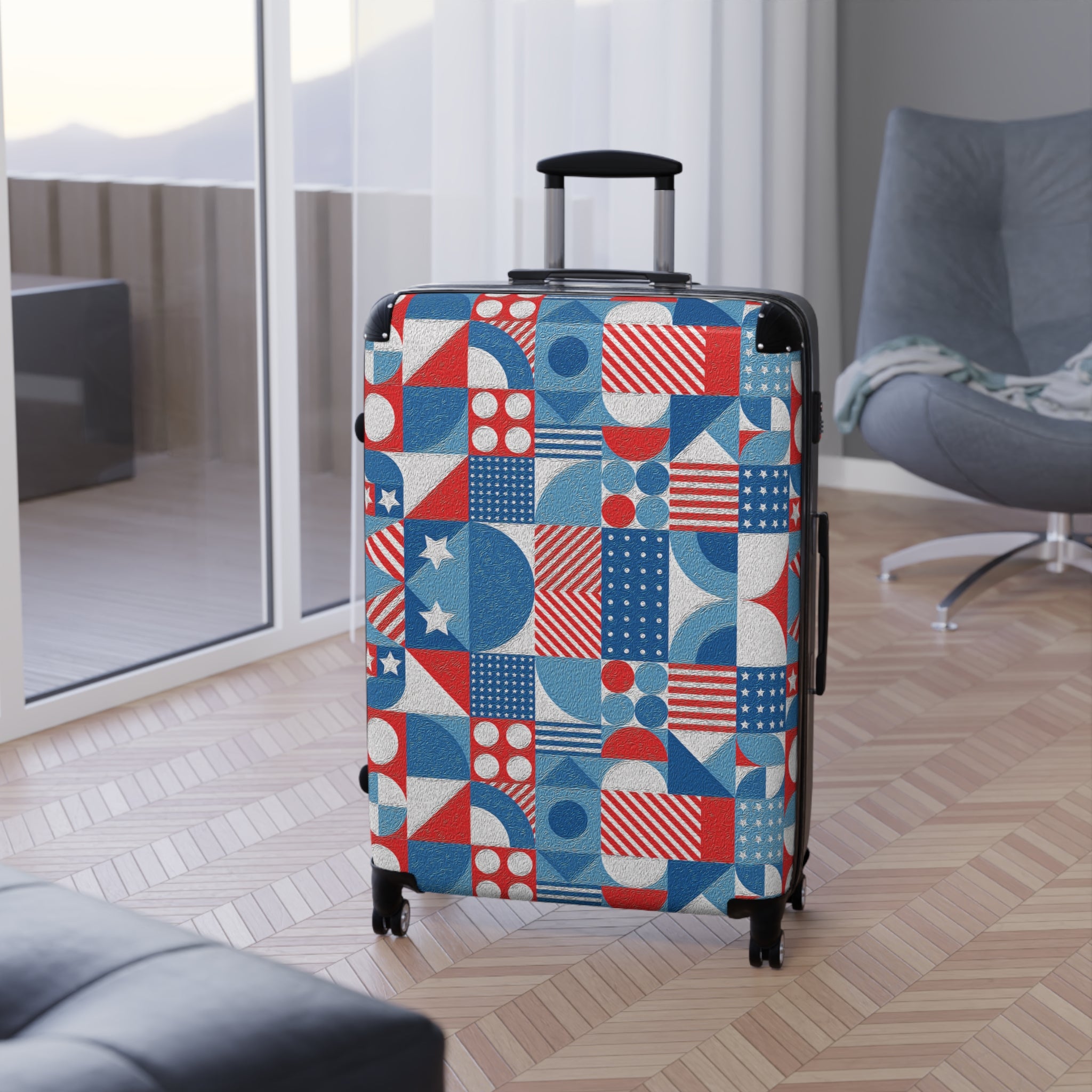 Red White and Blue Geometric Pattern - Stylish Luggage - Suitcase for Adventurers - Blue