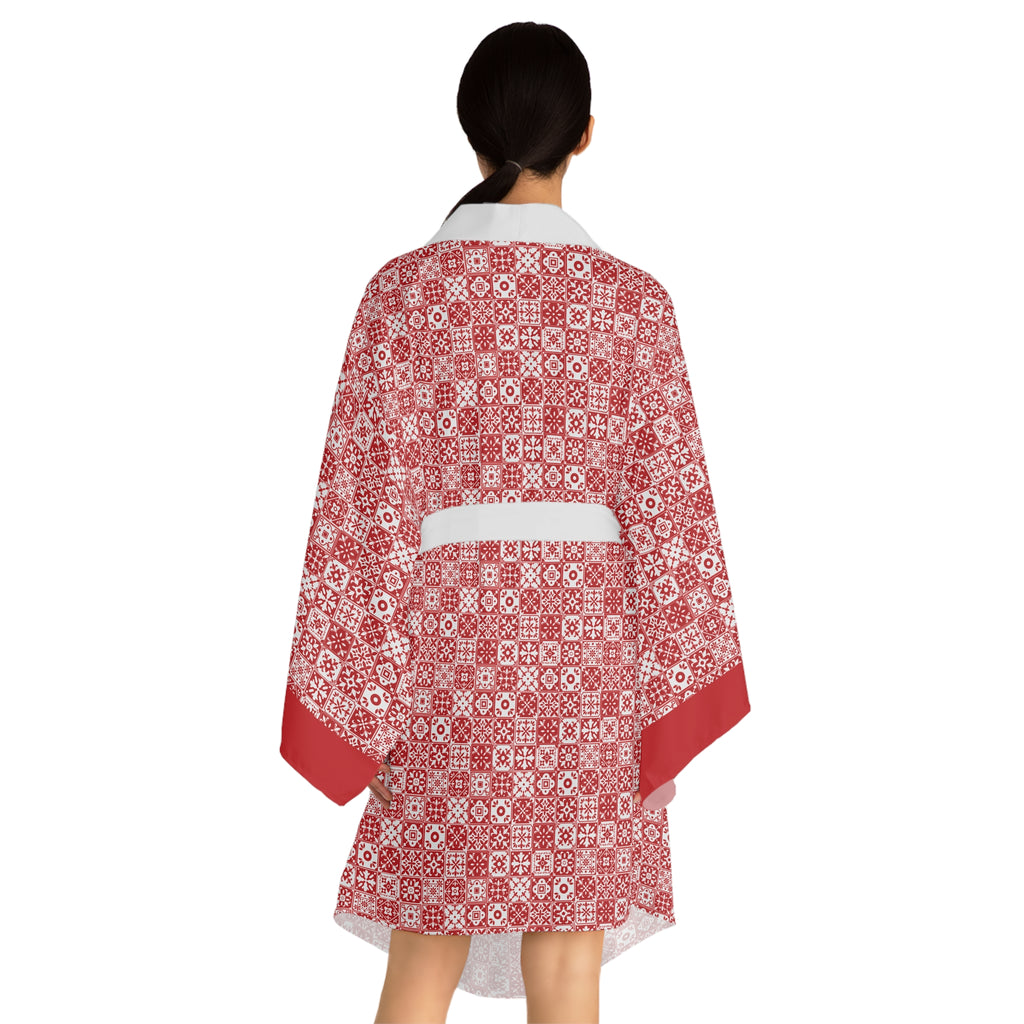 Mediterraneo Mosaic - Red - Small Print - Long Sleeve Kimono Robe - Chic Loungewear, Spa Outfit, Gift for Her, Inner Peace, Home Comfort