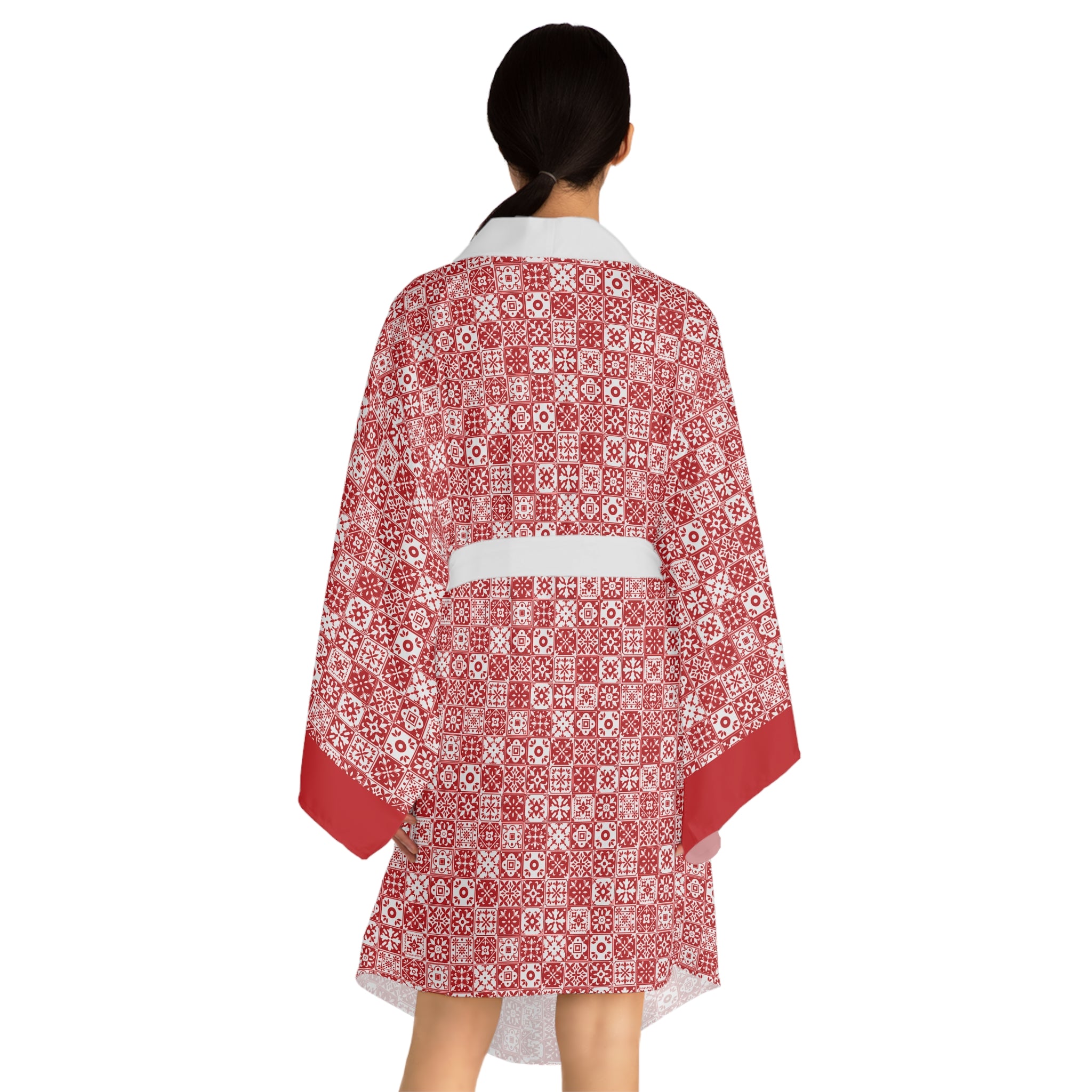 Mediterraneo Mosaic - Red - Small Print - Long Sleeve Kimono Robe - Chic Loungewear, Spa Outfit, Gift for Her, Inner Peace, Home Comfort