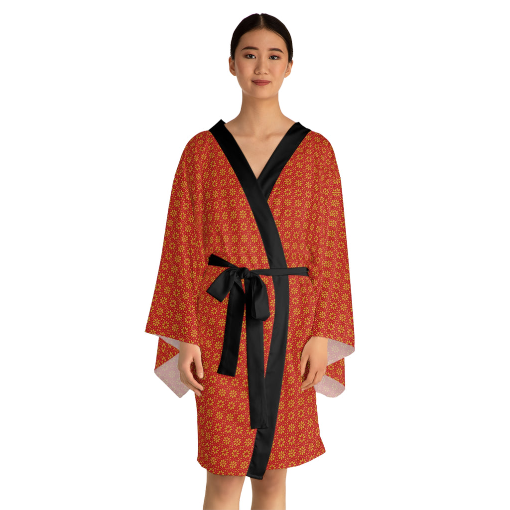 Florina - Small print - Long Sleeve Kimono Robe - Scarlet - Gold - Chic Loungewear, Spa Outfit, Gift for Her, Inner Peace, Home Comfort