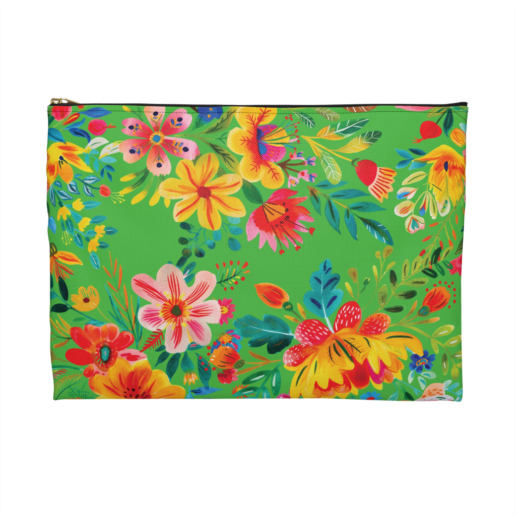 Bright Watercolor Flowers Accessory Pouch - Perfect for Adventurers & Travelers - Lime Green