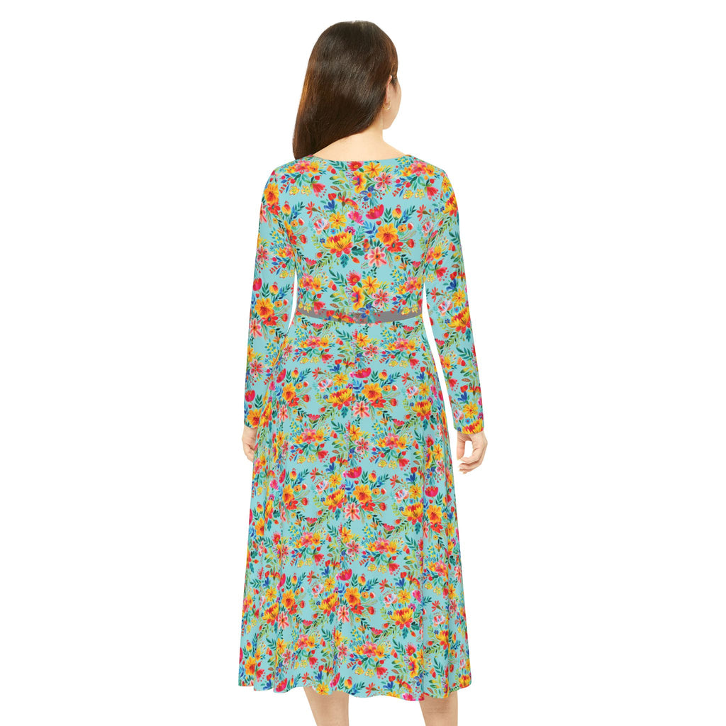 Elegant Women's Long Sleeve Dance Dress - Bright Bold Watercolors Flowers - Electric Blue
