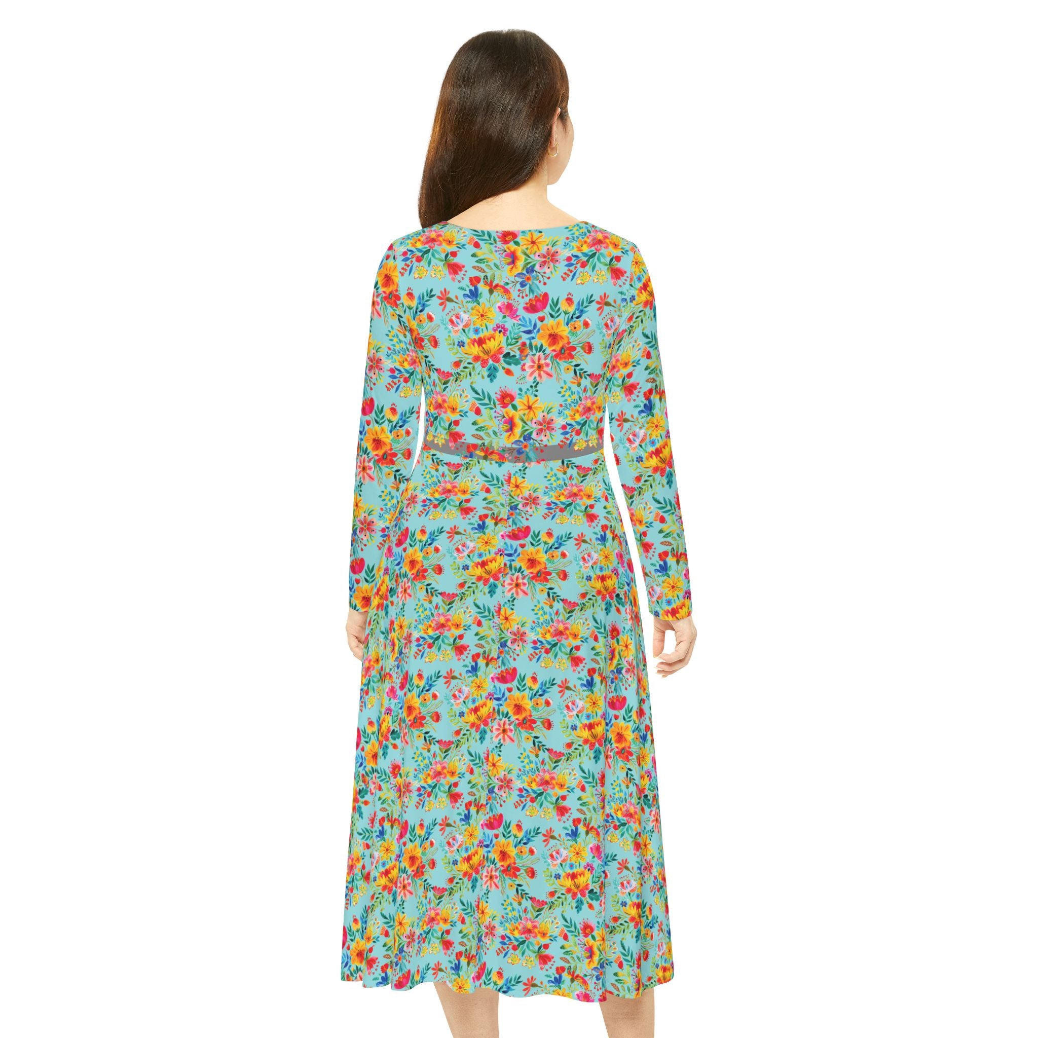 Elegant Women's Long Sleeve Dance Dress - Bright Bold Watercolors Flowers - Electric Blue