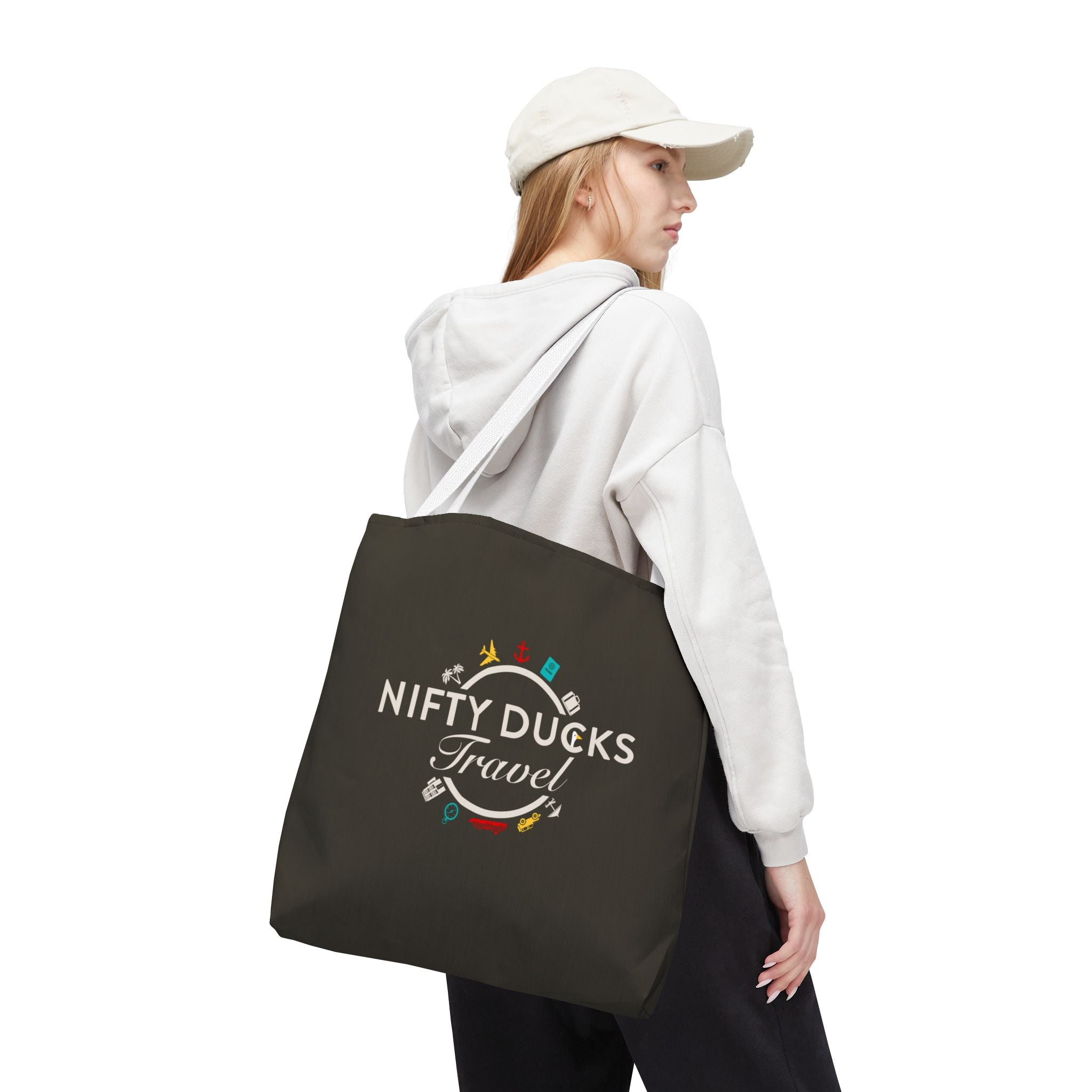 Nifty Ducks Travel Logo - Travel Tote Bag - Signature Brown Background - Beach & Weekend Carryall
