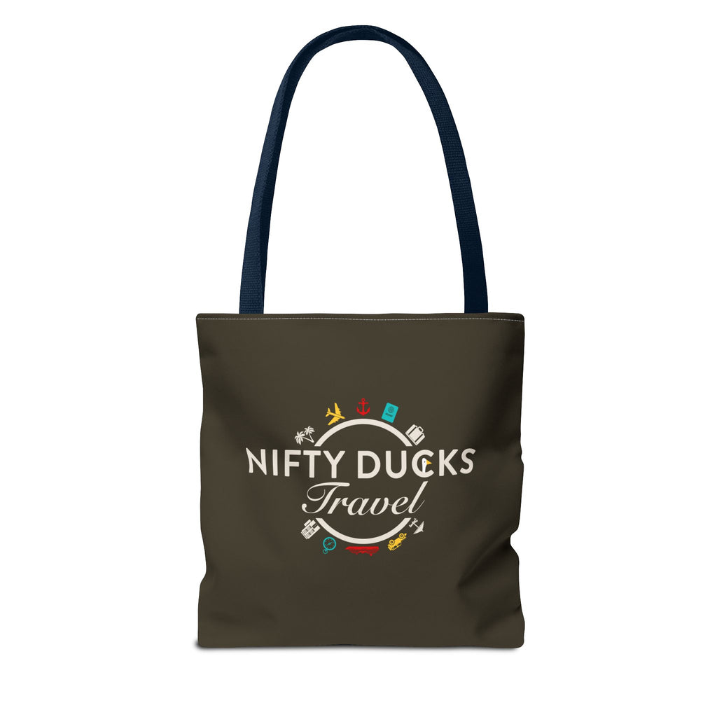 Nifty Ducks Travel Logo - Travel Tote Bag - Signature Brown Background - Beach & Weekend Carryall