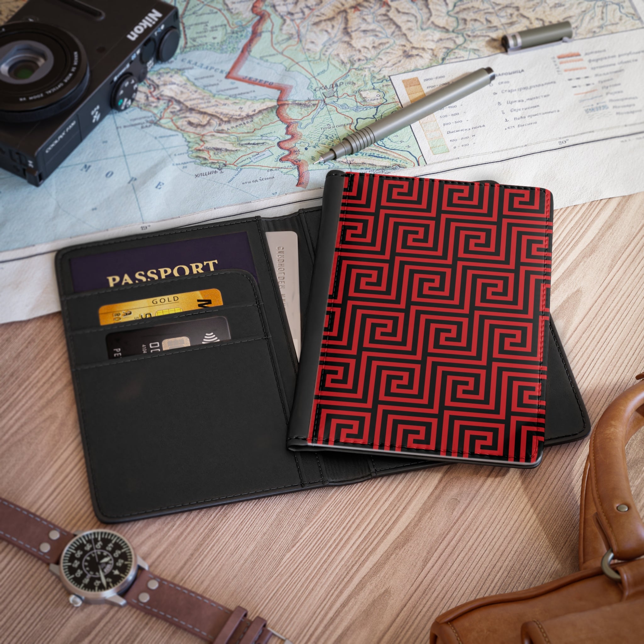 Greek Key - Red - Passport Cover | Travel Accessory, Gift for Jet setters, Unique Travel Journal, Vacation Must-Have, Gift for Travelers