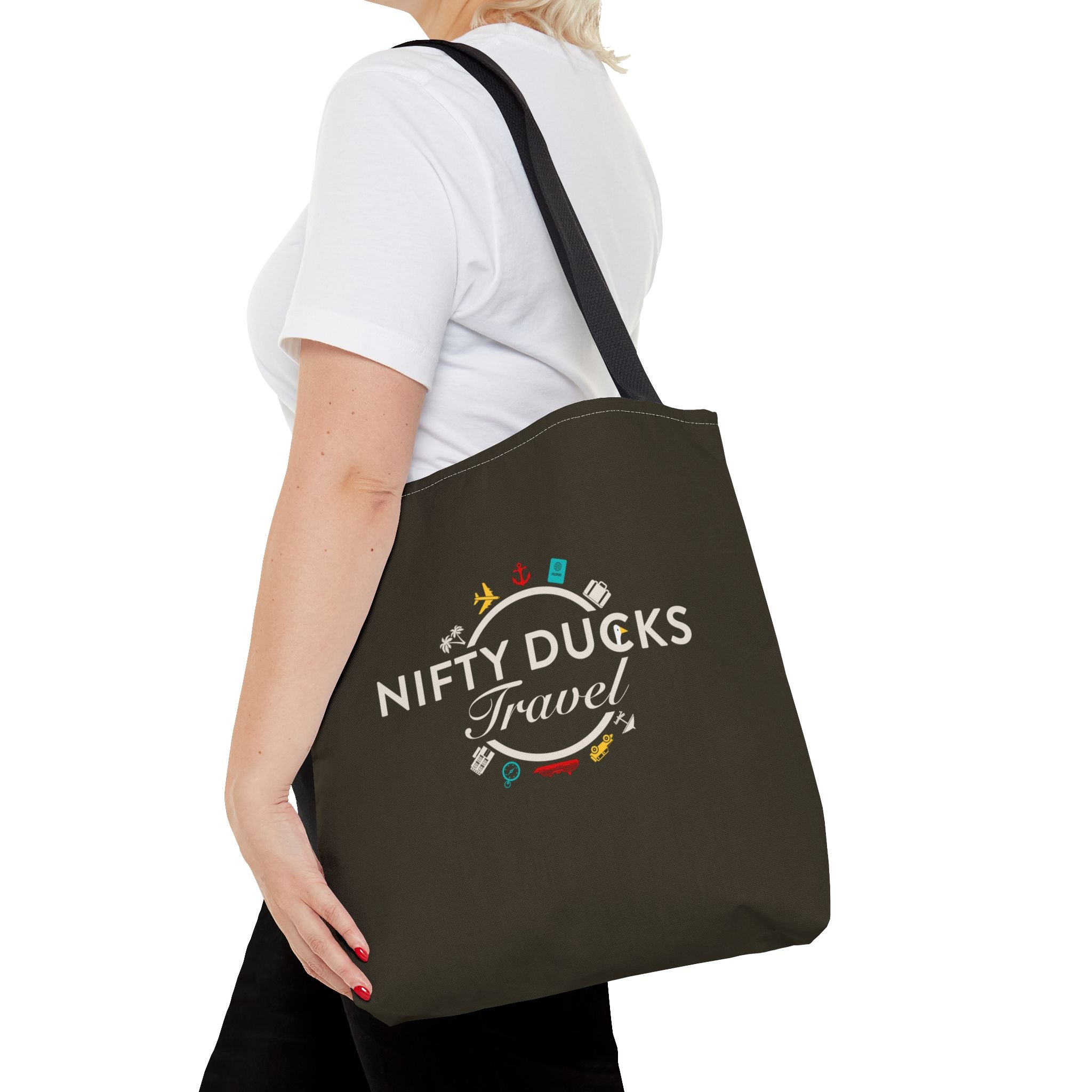 Nifty Ducks Travel Logo - Travel Tote Bag - Signature Brown Background - Beach & Weekend Carryall