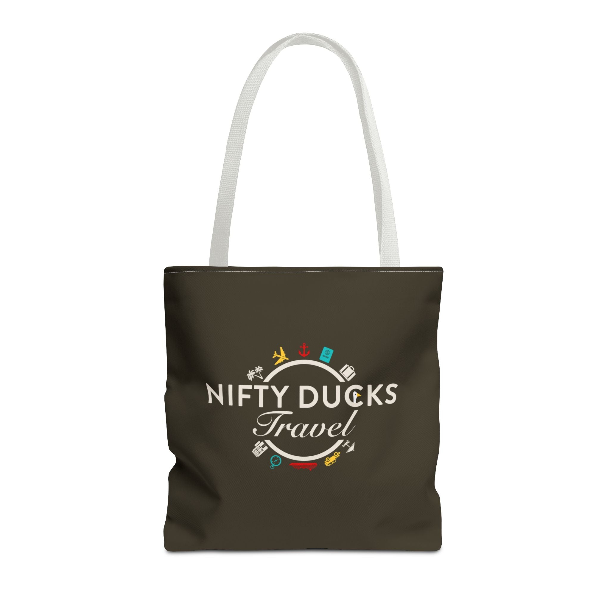 Nifty Ducks Travel Logo - Travel Tote Bag - Signature Brown Background - Beach & Weekend Carryall